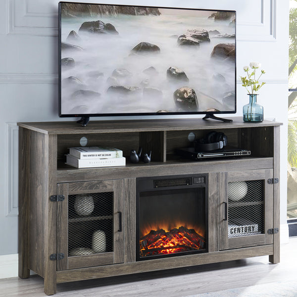 Modern Farmhouse TV Stand with Electric Fireplace, Fit up to 65" Flat Screen TV with Storage Cabinet and Adjustable Shelves Industrial Entertainment Center for Living Room, Grey