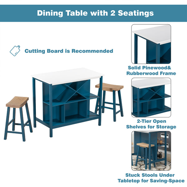 Farmhouse 3-piece Wood Stationary Kitchen Island Set with 2 Seatings, Dining Table Set with Shelves and Wine Rack for Small Places,Blue Frame+White Top