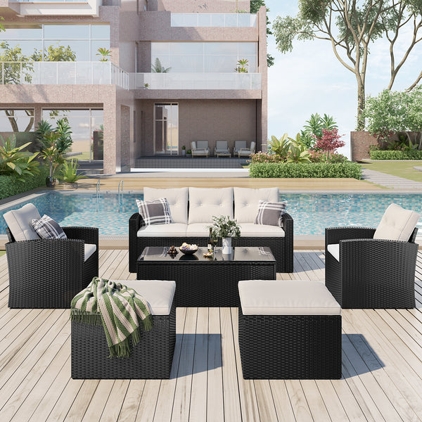 6-piece All-Weather Wicker PE rattan Patio Outdoor Dining Conversation Sectional Set with coffee table, wicker sofas, ottomans, removable cushions