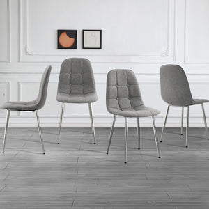 Dining Chairs Set of 4;  Modern Mid-Century Style Dining Kitchen Room Upholstered Side Chairs; Soft Tufted Linen Fabric with Inset Buttons; Chrome Metal Legs; for Kitchen Lounge Farmhouse;  Light Gray