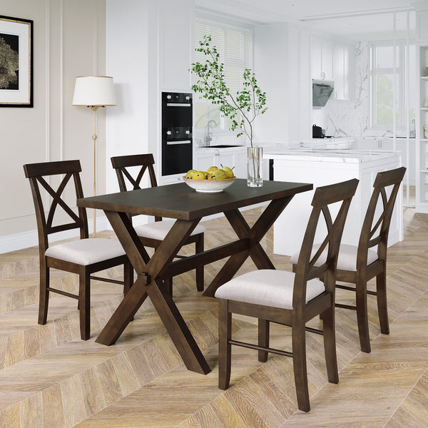 5 Pieces Farmhouse Rustic Wood Kitchen Dining Table Set with Upholstered 4 X-back Chairs