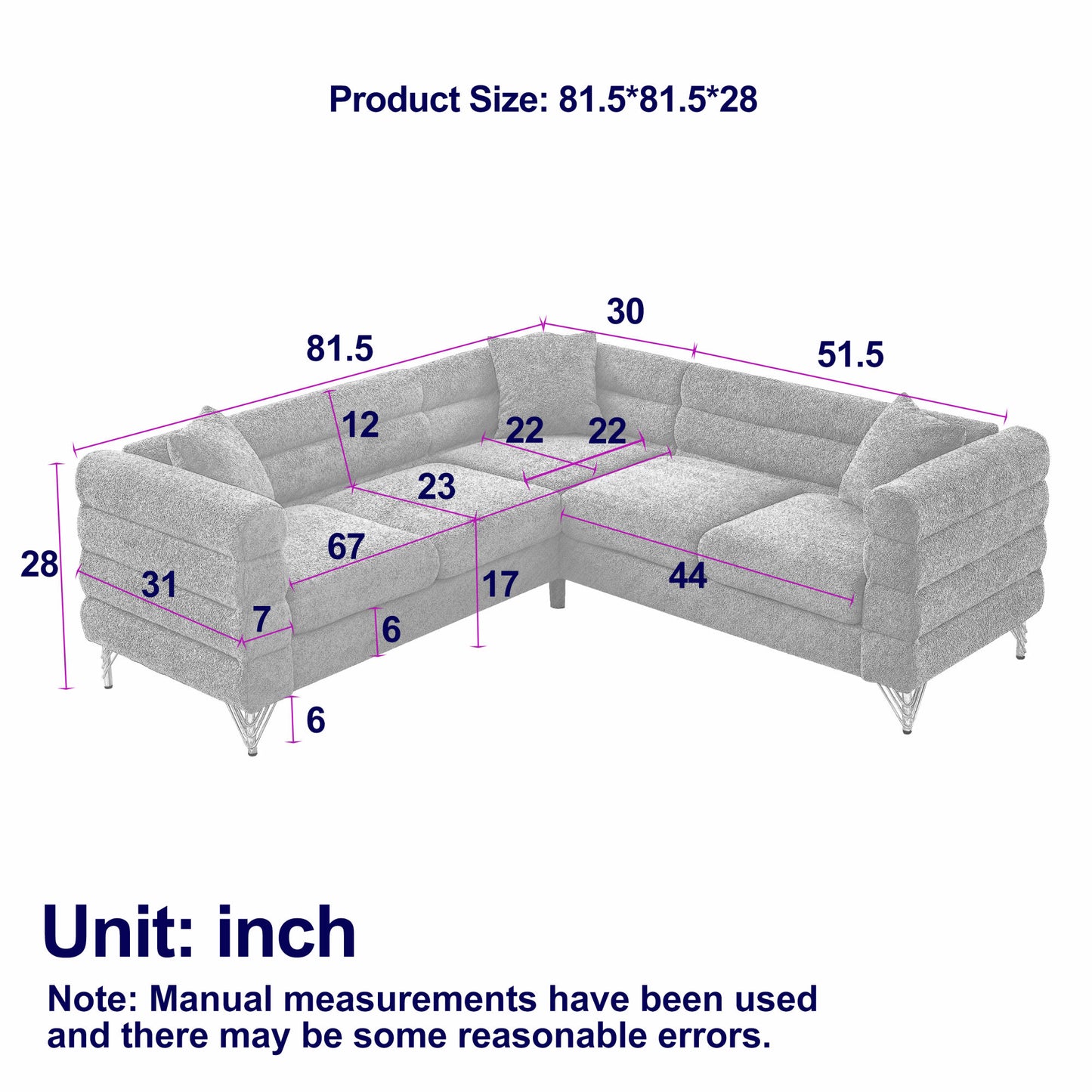 81.5-Inch Oversized Corner Sofa Covers, L-Shaped Sectional Couch, 5-Seater Corner Sofas with 3 Cushions for Living Room, Bedroom, Apartment, Office