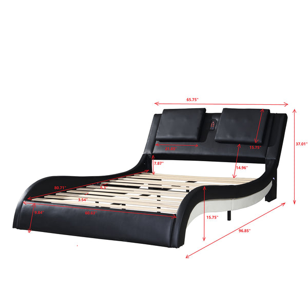 Faux Leather Upholstered Platform Bed Frame with led lighting; Bluetooth connection to play music  RGB control; Backrest vibration massage; Curve Design; Wood Slat Support; No Box Spring Needed; Queen