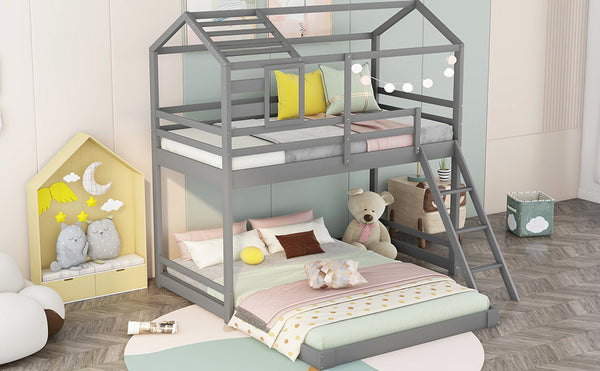 Twin over Full House Bunk Bed with Ladder and Window,Full-Length Guardrail