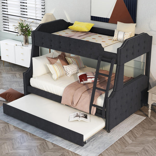 Twin over Full Upholstered Bunk Bed with Trundle and Ladder; Tufted Button Design; Black