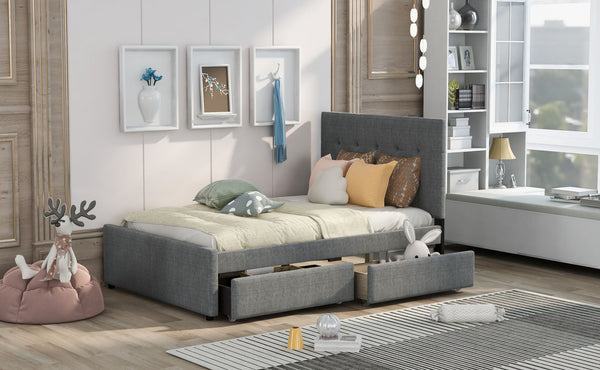 Linen Upholstered Platform Bed With Headboard and Two Drawers, Full