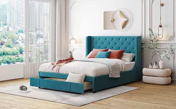 Queen Size Storage Bed Velvet Upholstered Platform Bed with Wingback Headboard and a Big Drawer (Blue)