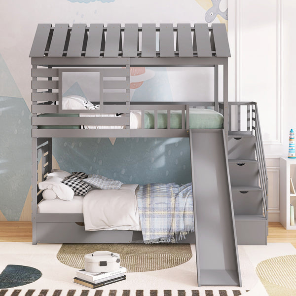 Twin over Twin House Bunk Bed with Trundle and Slide ; Storage Staircase; Roof and Window Design; Gray