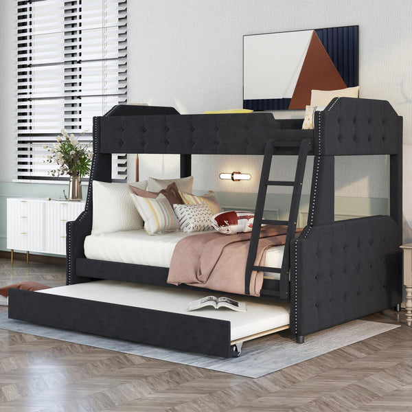 Twin over Full Upholstered Bunk Bed with Trundle and Ladder; Tufted Button Design; Black