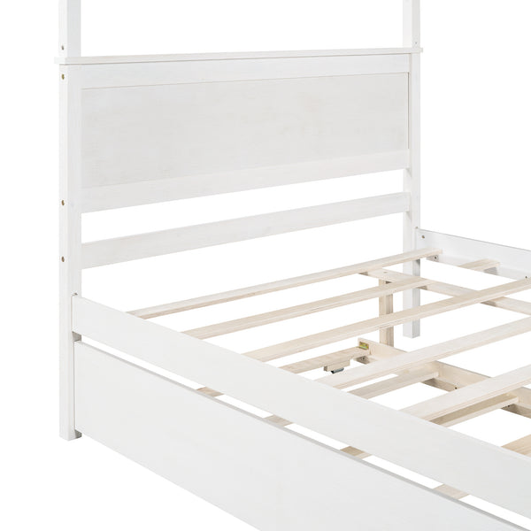 Wood Canopy Bed with Trundle Bed ; Full Size Canopy Platform bed With Support Slats .No Box Spring Needed; Brushed White