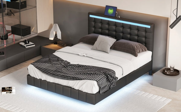 Queen Size Floating Bed Frame with LED Lights and USB Charging,Modern Upholstered Platform LED Bed Frame,Black