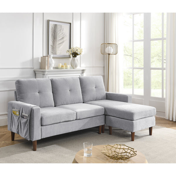 80' Convertible Sectional Sofa Couch;  3 Seats L-shape Sofa with Removable Cushions and Pocket;  Rubber Wood Legs