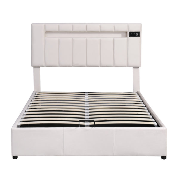 Upholstered Bed Full Size with LED light;  Bluetooth Player and USB Charging;  Hydraulic Storage Bed in Velvet Fabric