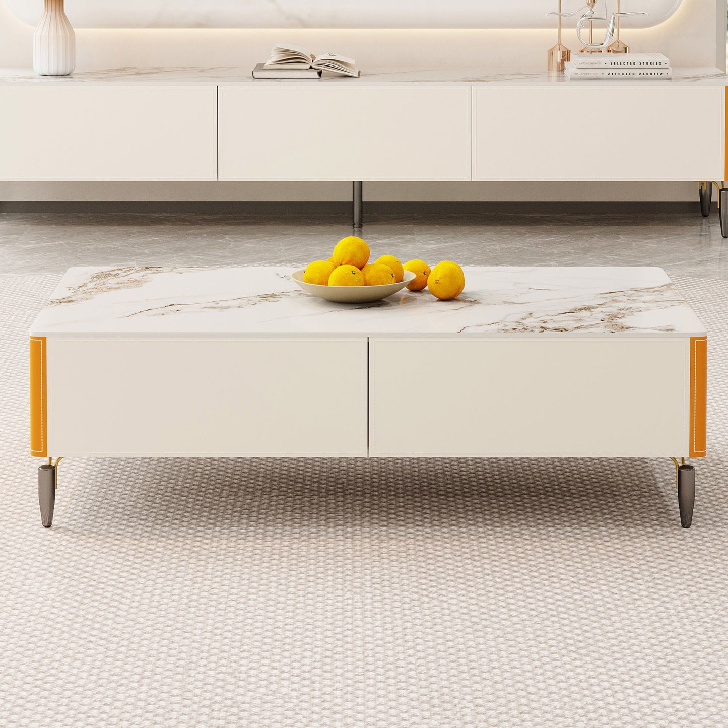 Modern Multifunctional Coffee Table, Slate Countertop Coffee Table with 4 Drawers, Black Metal Legs