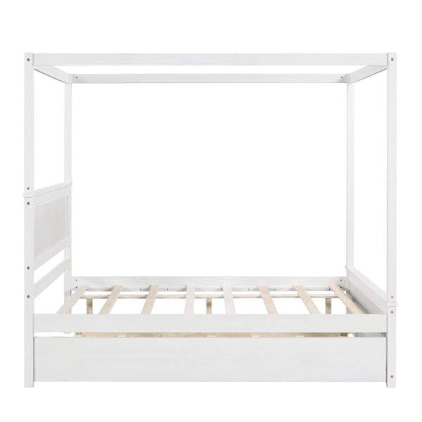 Wood Canopy Bed with Trundle Bed ; Full Size Canopy Platform bed With Support Slats .No Box Spring Needed; Brushed White