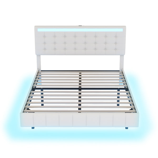 Queen Size Floating Bed Frame with LED Lights and USB Charging,Modern Upholstered Platform LED Bed Frame,White