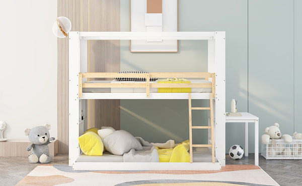 Twin Over Full Bunk Bed with Desk Storage Shelves.Reinforced Structure Bunk Beds Solid Wood Bed Frame for Kids Teens