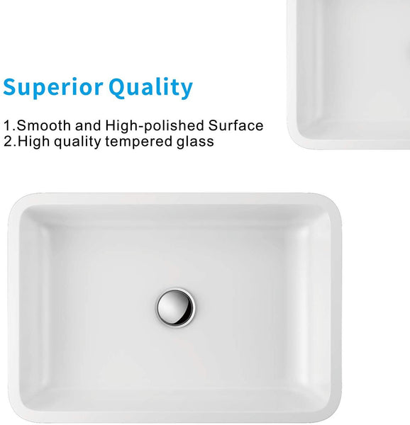 F&R Glass Vessel Bathroom Sink Handmade Thick & Durable, Bathroom Sink Tempered Glass White Vessel Sink, Rectangular Above Counter Vanity Sink