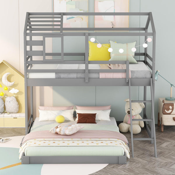 Twin over Full House Bunk Bed with Ladder and Window,Full-Length Guardrail