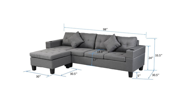 Sectional Sofa Set for Living Room with L Shape Chaise Lounge ,cup holder and Left or Right Hand Chaise Modern 4 Seat (Grey)