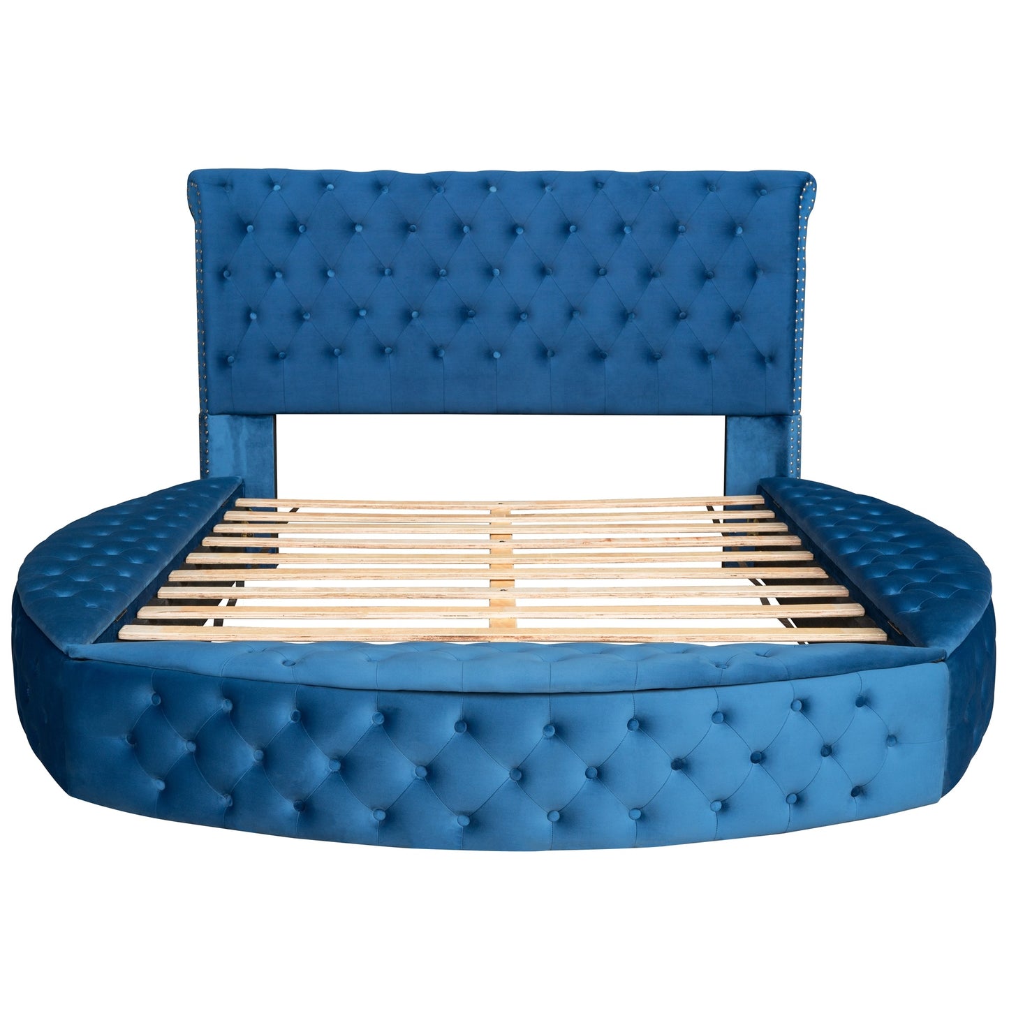 Queen Size Round Shape Upholstery Low Profile Storage Platform Bed with Storage Space on both Sides and Footboard