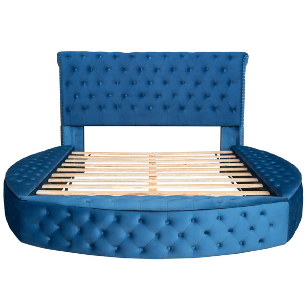 Queen Size Round Shape Upholstery Low Profile Storage Platform Bed with Storage Space on both Sides and Footboard