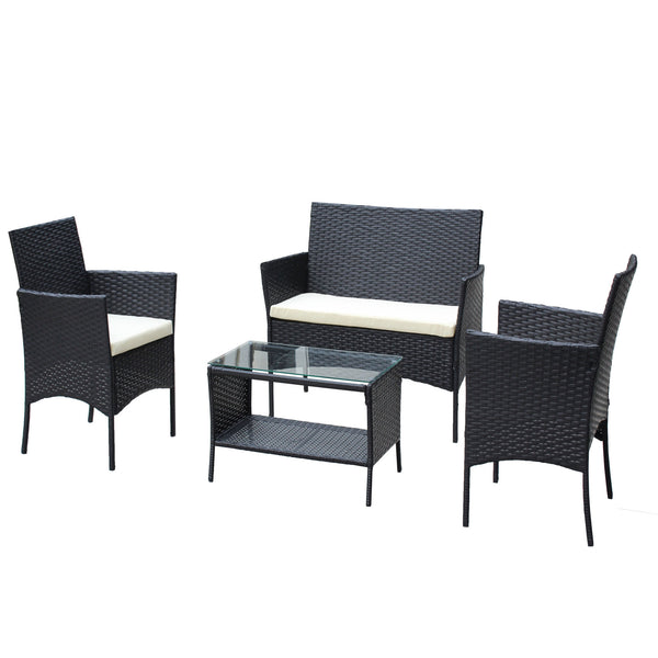 4 PC Rattan Patio Furniture Set Outdoor Patio Cushioned Seat Wicker Sofa