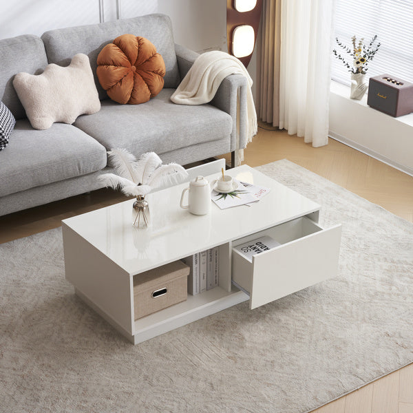 Modern LED Coffee Table with 2 Drawers and 16 Colors LED Lights, High Glossy Rectangle Coffee End Table for Living Room, White