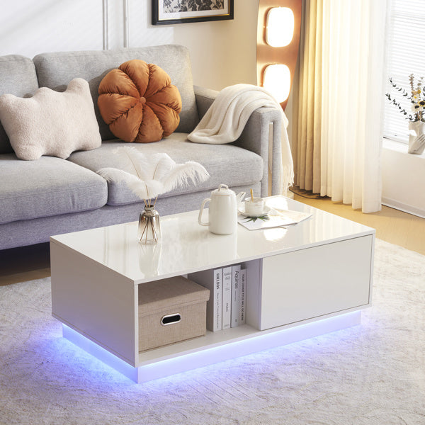 Modern LED Coffee Table with 2 Drawers and 16 Colors LED Lights, High Glossy Rectangle Coffee End Table for Living Room, White