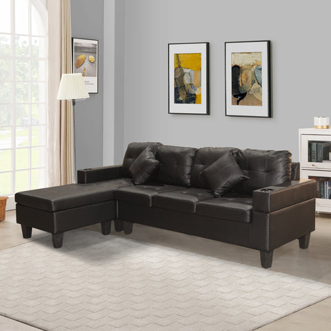 Sectional Sofa Set for Living Room with L Shape  Chaise Lounge ,cup holder and  Left or Right Hand Chaise  Modern 4 Seat (BLACK)