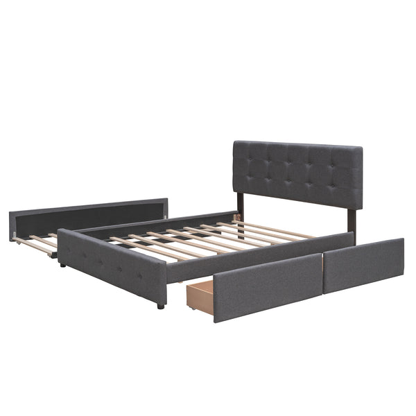 Upholstered Platform Bed with 2 Drawers and 1 Twin XL Trundle;  Linen Fabric;  Queen Size