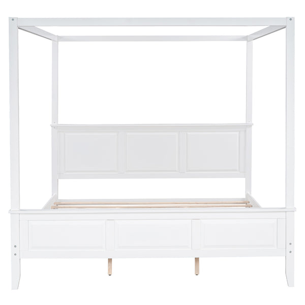 King Size Canopy Platform Bed with Headboard and Footboard; With Slat Support Leg; White