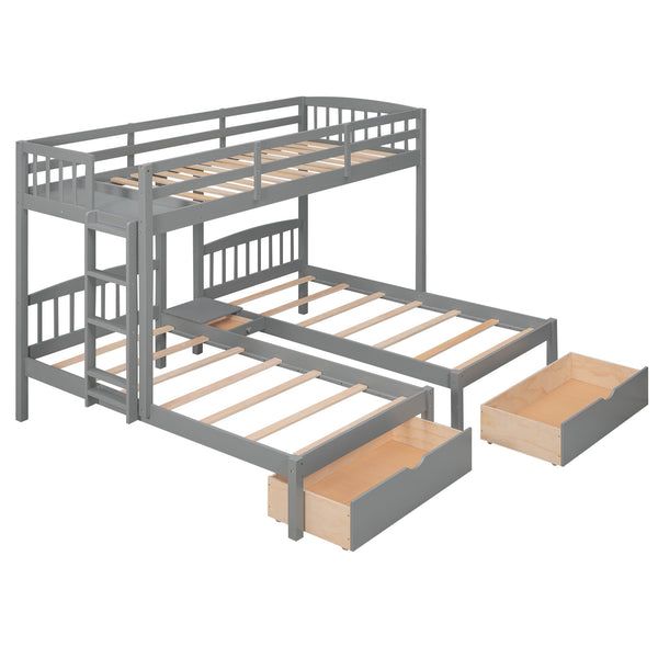 Twin over Twin & Twin Bunk Bed with Two Drawers and Built-in Middle Drawer