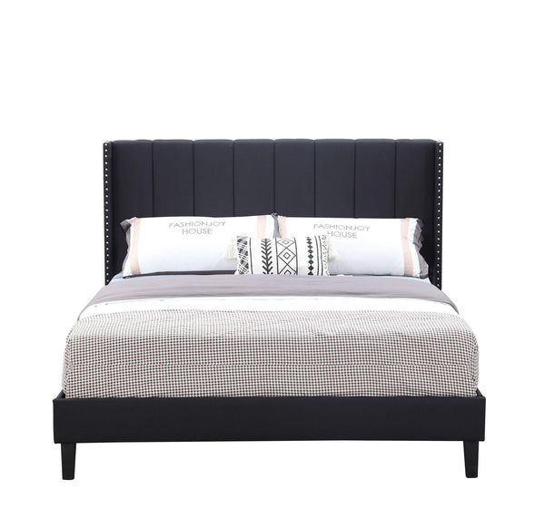 Bed Frame Set, Beds Headboard with Wings & Platform & Slats, Fabric/Queen/Black