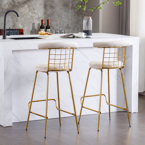 Bar Stool Set of 2, Luxury Velvet High Bar Stool with Metal Legs and Soft Back, Pub Stool Chairs Armless Modern Kitchen High Dining Chairs with Metal Legs