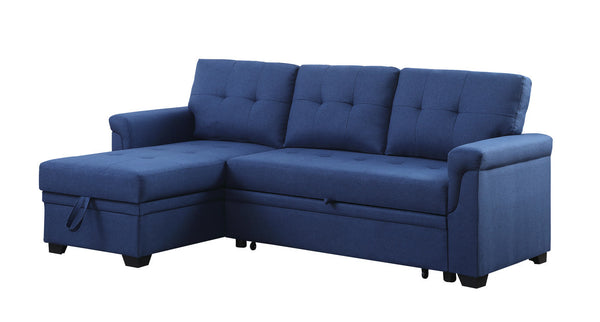 Lucca 84" Blue Linen Reversible Sleeper Sectional Sofa with Storage Chaise