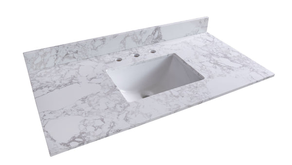 43''x22" bathroom stone vanity top engineered stone carrara white marble color with rectangle undermount ceramic sink and 3 faucet hole with back splash