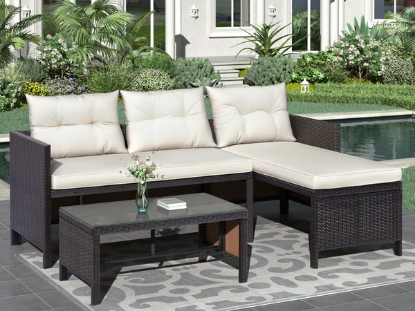 3-Piece Outdoor Rattan Sectional Sofa Set with cushions, Patio Wicker Rattan Conversation Furniture Set, Steel Frame & Seat Cushion, Perfect for Garden Lawn Pool Backyard RT