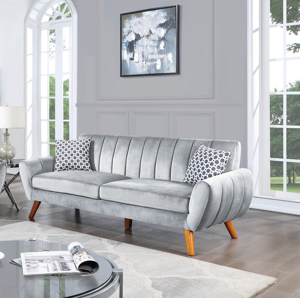 Contemporary 2-Pcs Sofa Set Living Room Furniture Light Gray Velvet Couch Sofa And Loveseat Plush Cushion Unique Lines Plush Sofa.