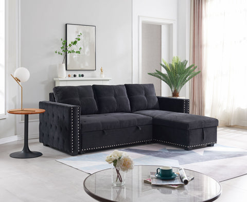 Sectional sofa with pulled out bed; 2 seats sofa and reversible chaise with storage; both hands with copper nail; BLACK; (91&quot; x 64&quot; x 37&quot;)