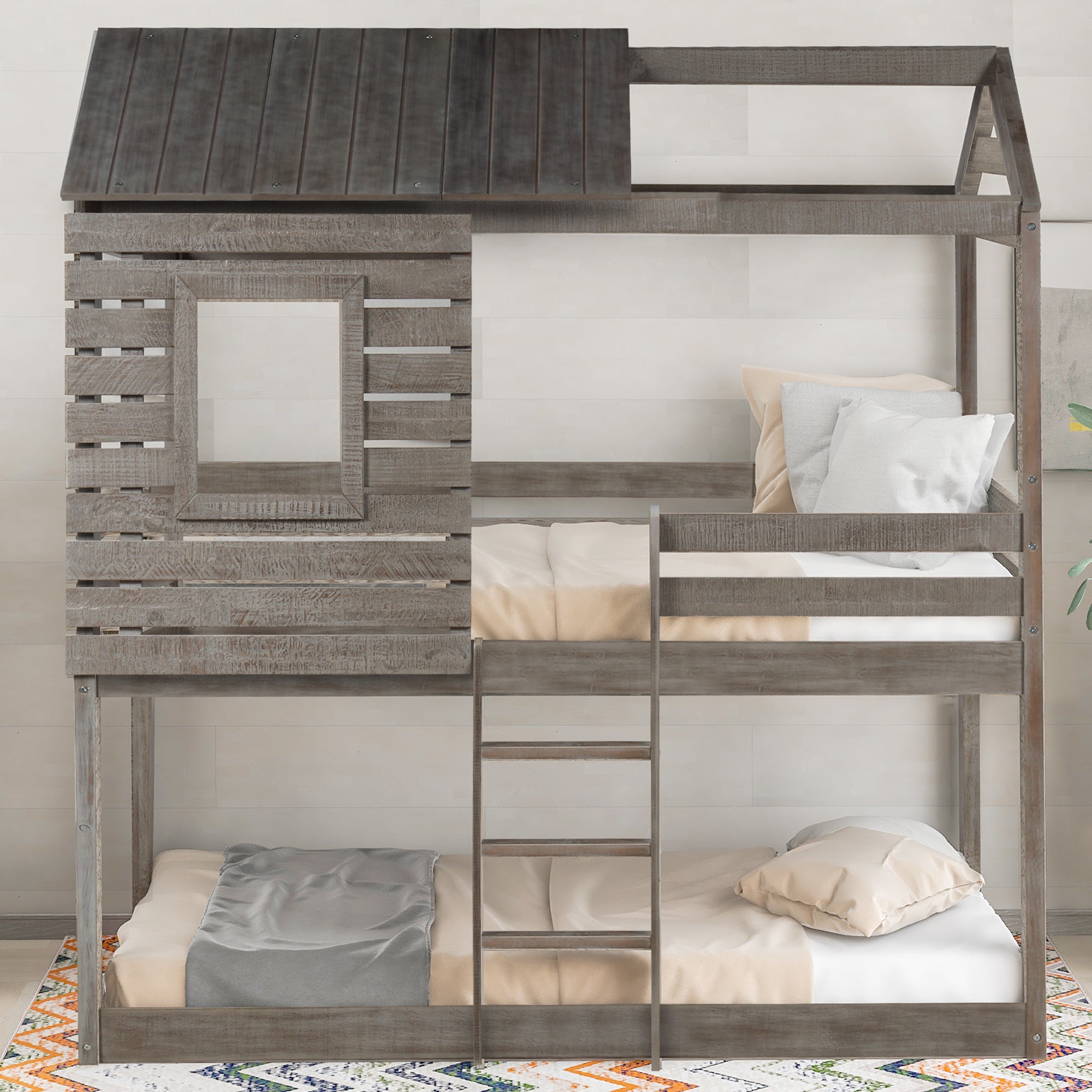 Twin Over Twin Bunk Bed Wood Loft Bed with Roof; Window; Guardrail; Ladder ( Antique Gray )