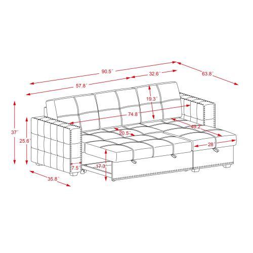 Sectional sofa with pulled out bed; 2 seats sofa and reversible chaise with storage; both hands with copper nail; BLACK; (91&quot; x 64&quot; x 37&quot;)