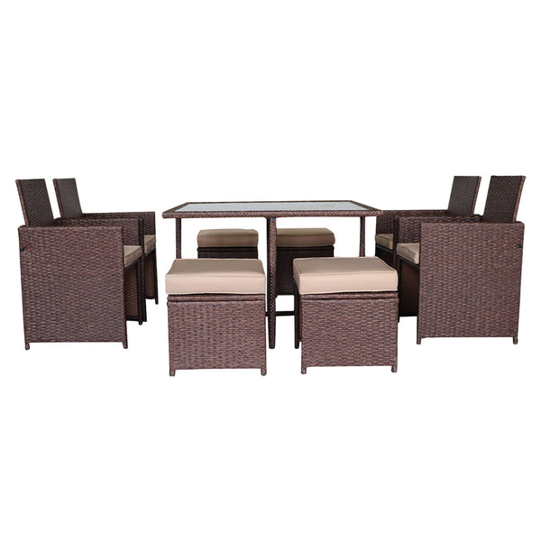 9 Pieces Wood Grain PE Wicker Rattan Dining Ottoman with Tempered Glass Table Patio Furniture Set  YJ