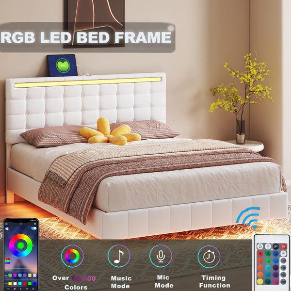 Queen Size Floating Bed Frame with LED Lights and USB Charging,Modern Upholstered Platform LED Bed Frame,White