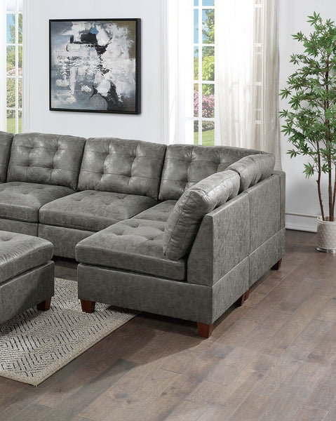 Living Room Furniture Antique Grey Modular Sectional 7pc Set Breathable Leatherette Tufted Couch 2x Corner Wedge 4x Armless Chairs and 1x Ottoman U-Shaped