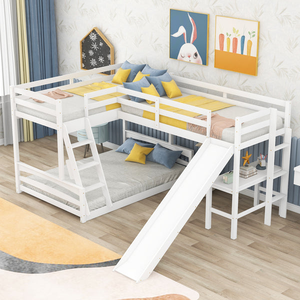 Twin over Full Bunk Bed with Twin Size Loft Bed with Desk and Slide,Full-Length Guardrail