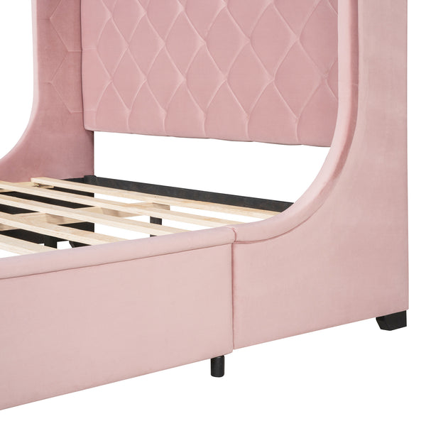 Queen Size Storage Bed Velvet Upholstered Platform Bed with Wingback Headboard and a Big Drawer