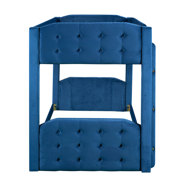 Twin over Twin Upholstered Bunk Bed; Button-Tufted Headboard and Footboard Design; Blue