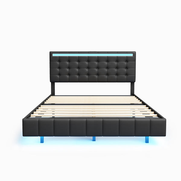 Queen Size Floating Bed Frame with LED Lights and USB Charging,Modern Upholstered Platform LED Bed Frame,Black