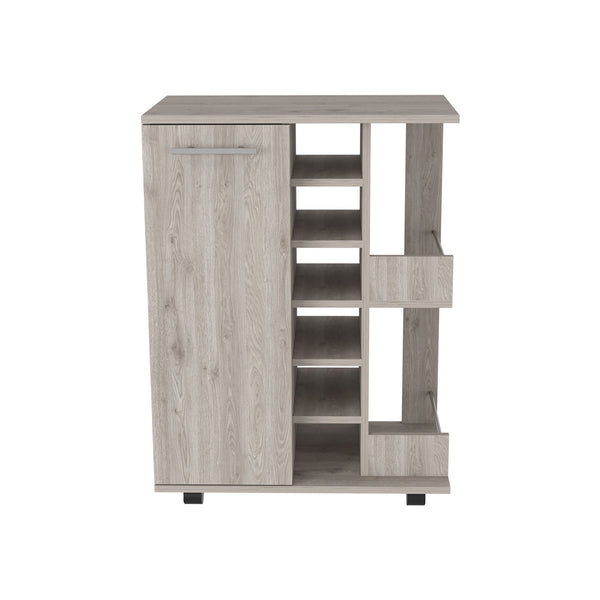 Bar Cart; Two External Shelves; Four Casters; Six Built-in Wine Rack; Single Door Cabinet -Light Gray